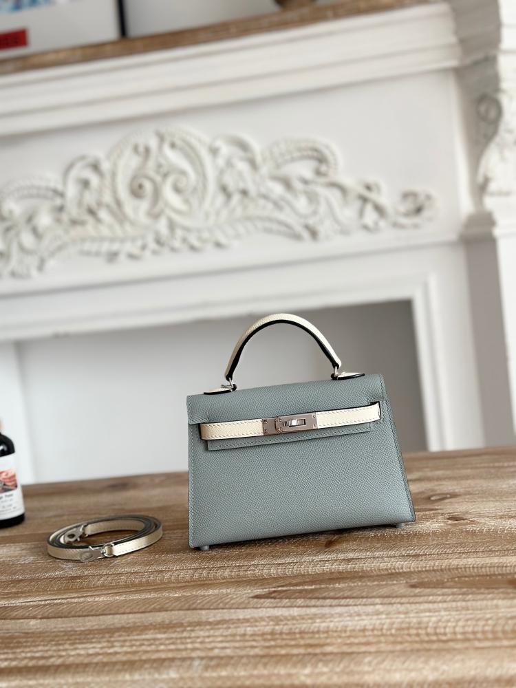 Hermes Mini Kelly II Touch Bag 19cm - Blue Grey & Ecru / Silver Hardware