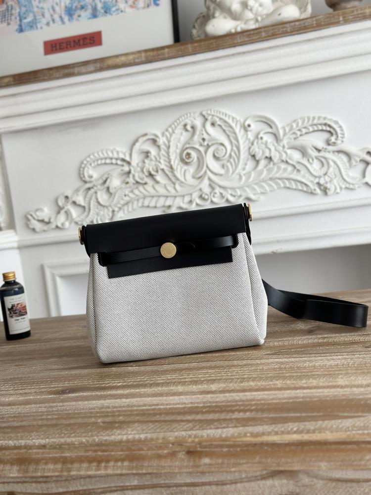 Hermes Mini Herbag Bag 20cm - Ecru Toile & Black / Gold Hardware