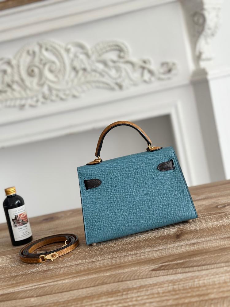 Hermes Mini Kelly II Bag 19cm - Blue Jean, Dark Brown & Caramel / Gold Hardware