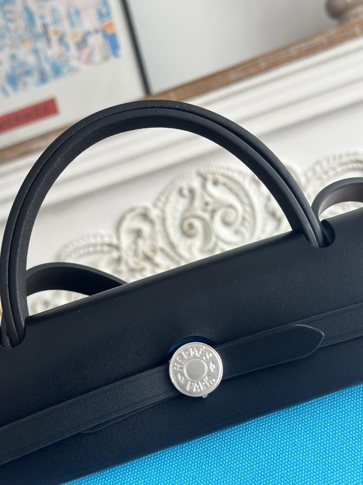 Hermes Herbag Zip Bag 31cm - Turquoise Blue & Black