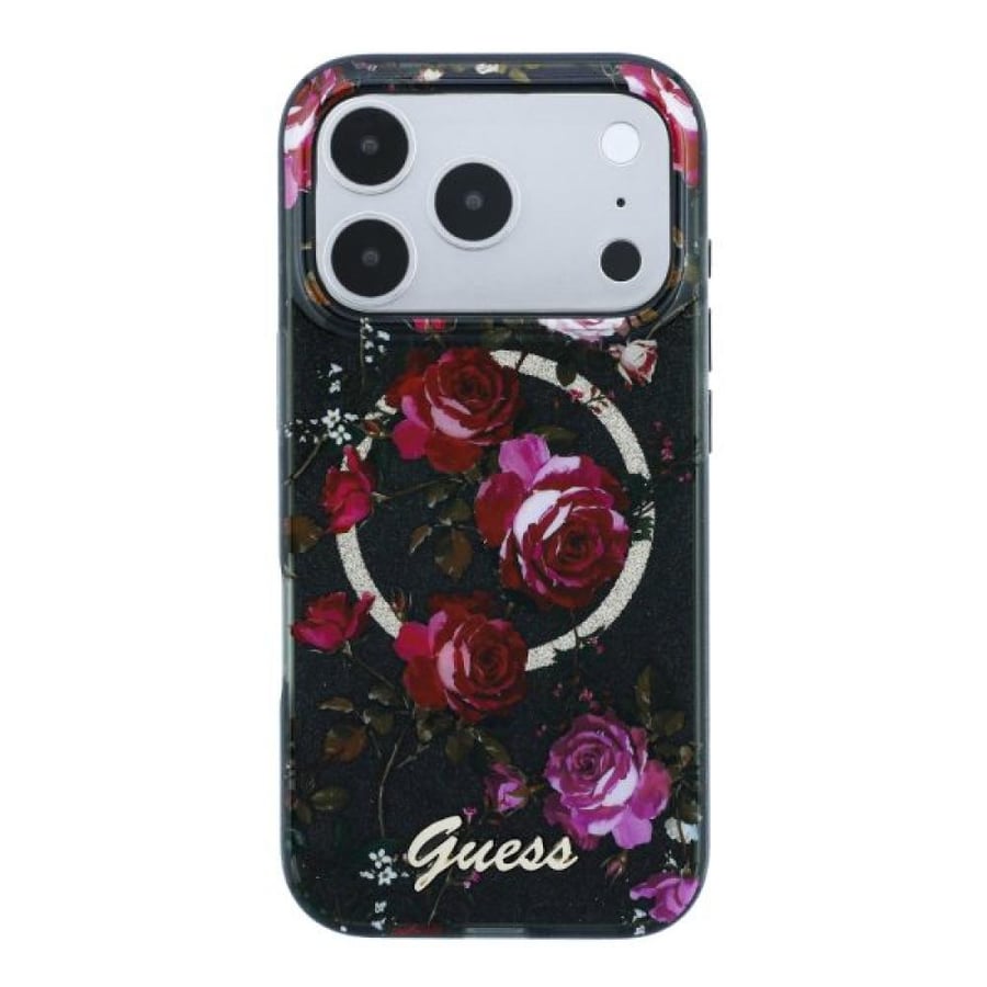 Guess Magsafe IML Glitter Blossom Roses Hard Case For iPhone 18 Pro Max - Black