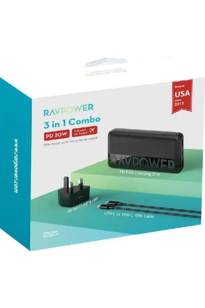 ravpower 3in1 comboبنك طاقة 3 في 1؛ كابل 20 واط مع شاحن حائط 20 واط من USB-C إلى USB-C