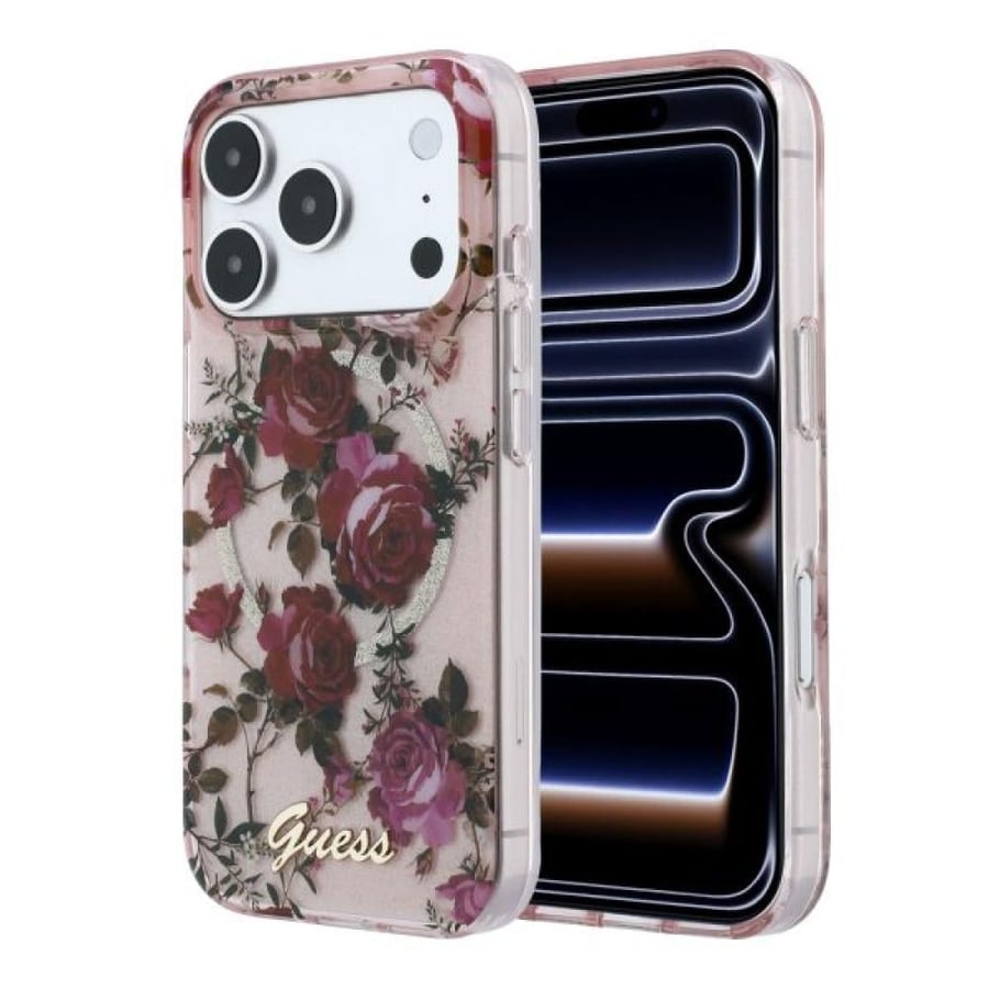 Guess Magsafe IML Glitter Blossom Roses Hard Case For iPhone 18 Pro - Pink