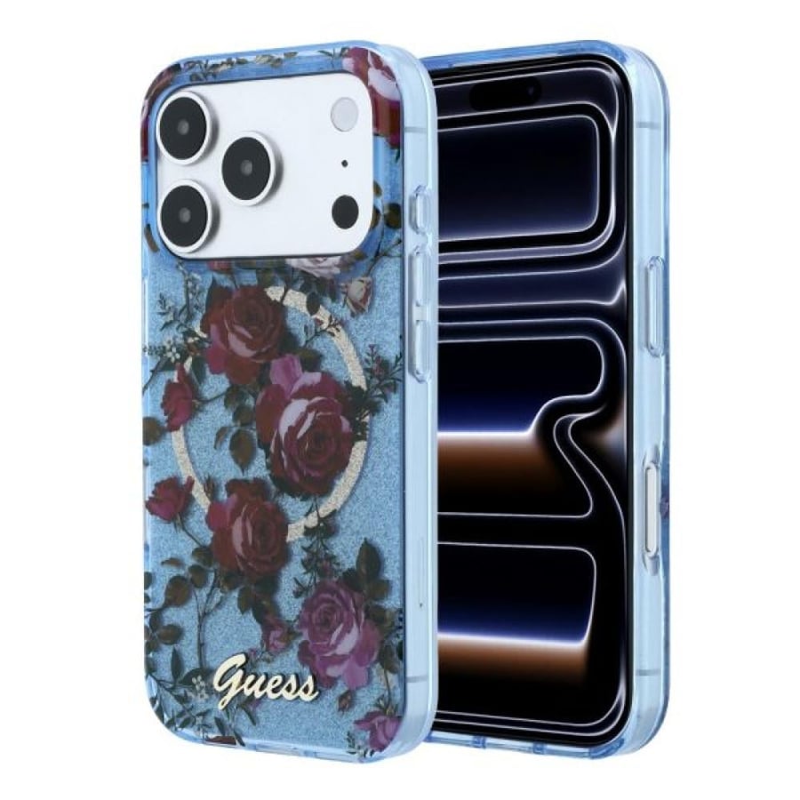 Guess Magsafe IML Glitter Blossom Roses Hard Case For iPhone 18 Pro - Light Blue