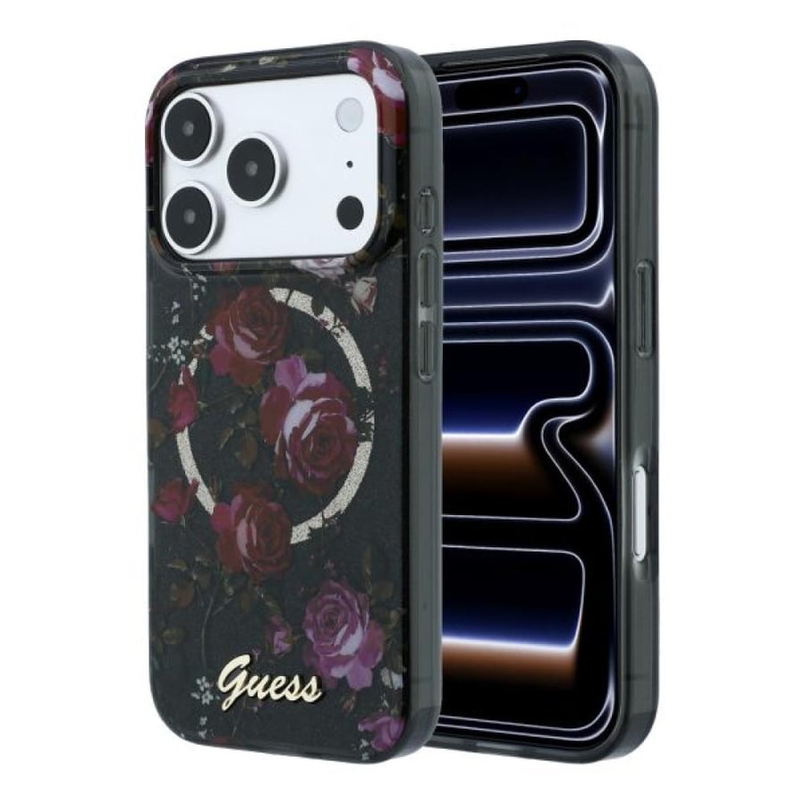 Guess Magsafe IML Glitter Blossom Roses Hard Case For iPhone 18 Pro - Black