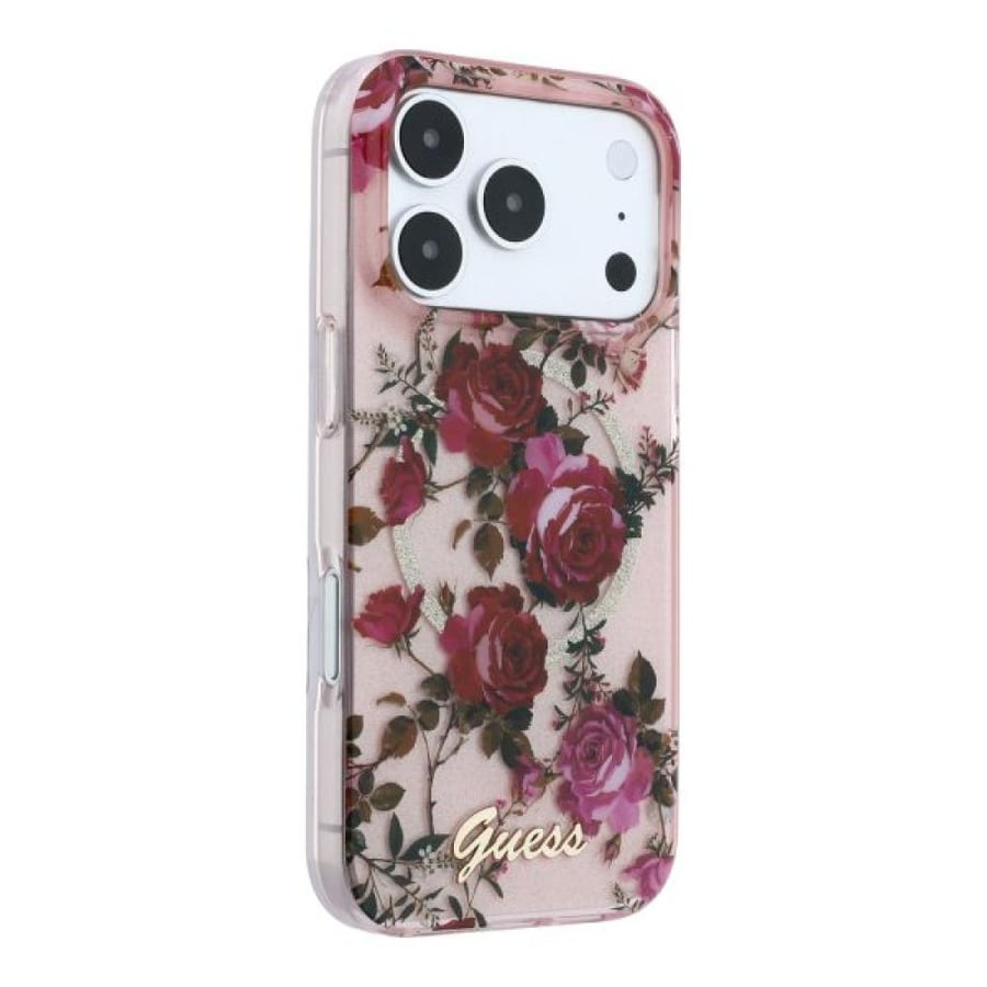 Guess Magsafe IML Glitter Blossom Roses Hard Case For iPhone 18 Pro Max - Pink