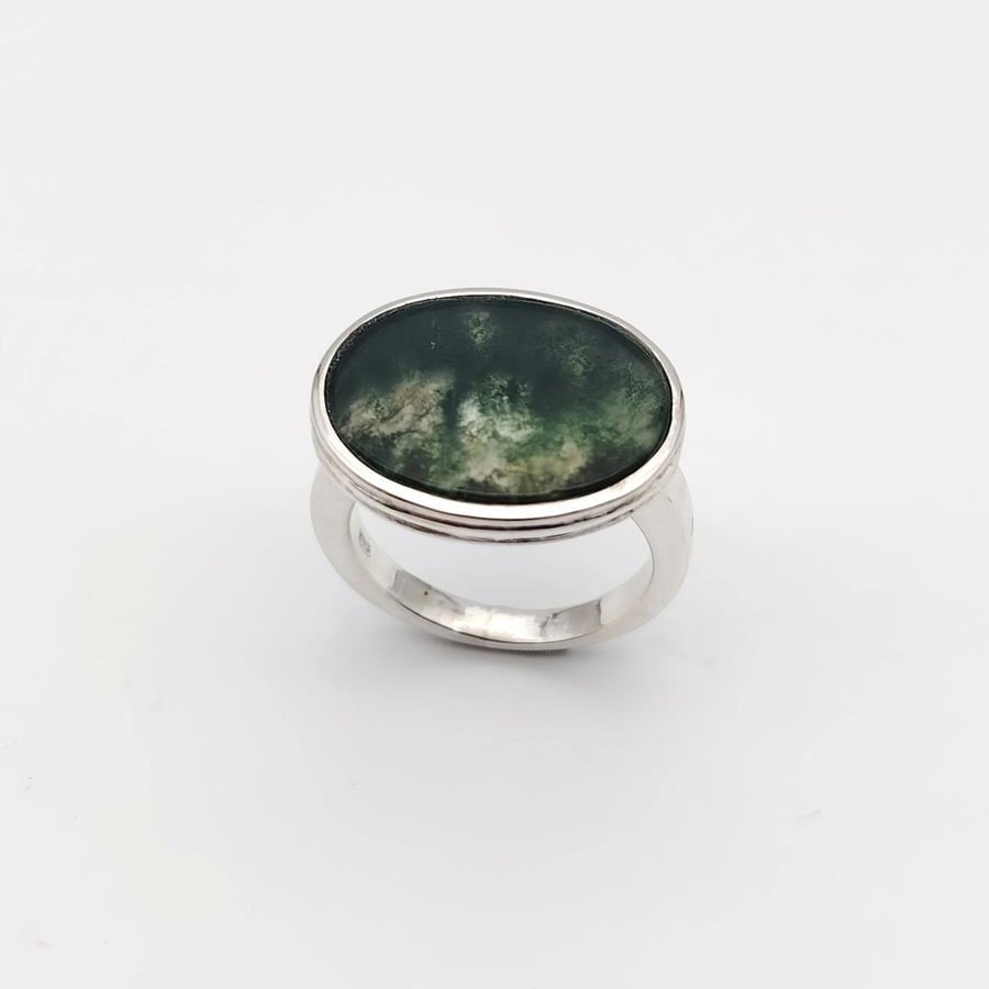 خاتم عقيق Moss Agate طبيعي فضة 925