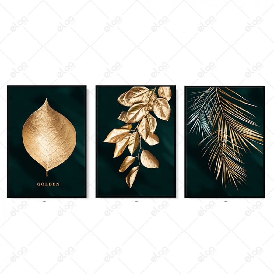 Wall panels with bright gold leaves on a dark green background
