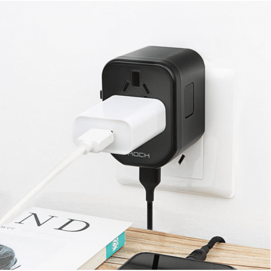 Wall socket suitable for travel supports all electrical outlets in addition to two USB ports for charging two devices at the same time in addition to an electrical outlet