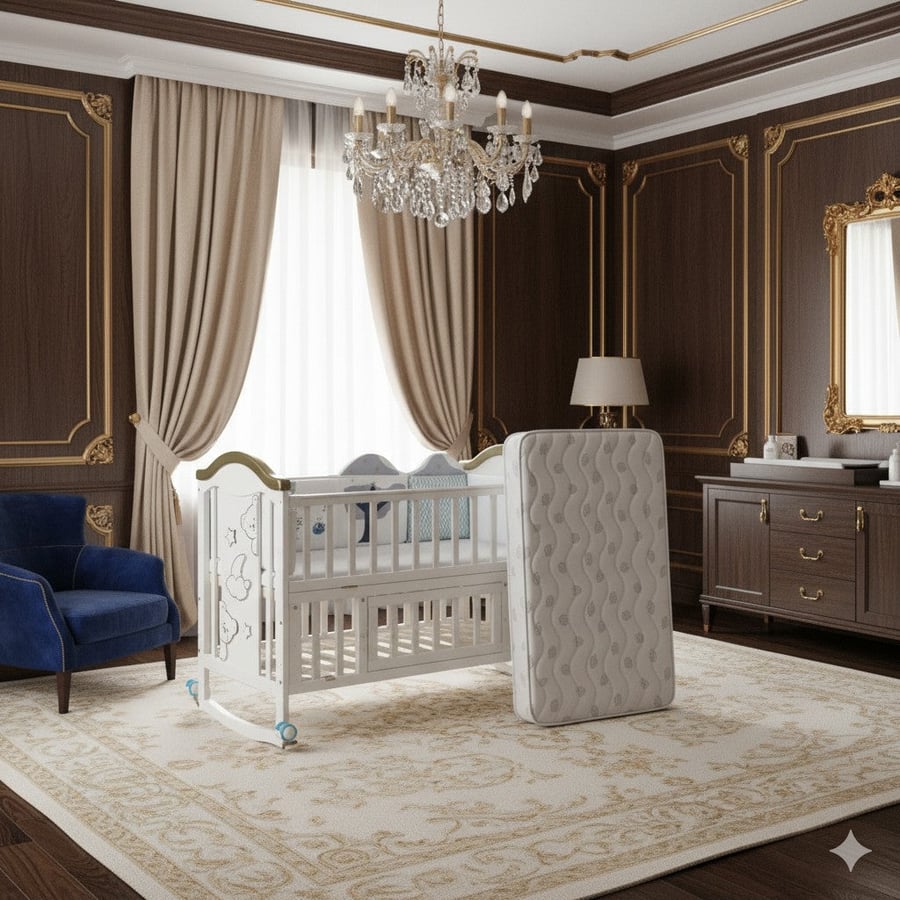 سرير أطفال متعدد الوظائف من زرافه مع ناموسية WBB598G مع مرتبة سرير أطفال - 115 × 62 × 4.5 سم - مصنوع من ألياف جوز الهند العضوية وهي مادة آمنة لمرتبة سرير الطفل لأنها ألياف ثابتة وطبيعية وجيدة التهوية