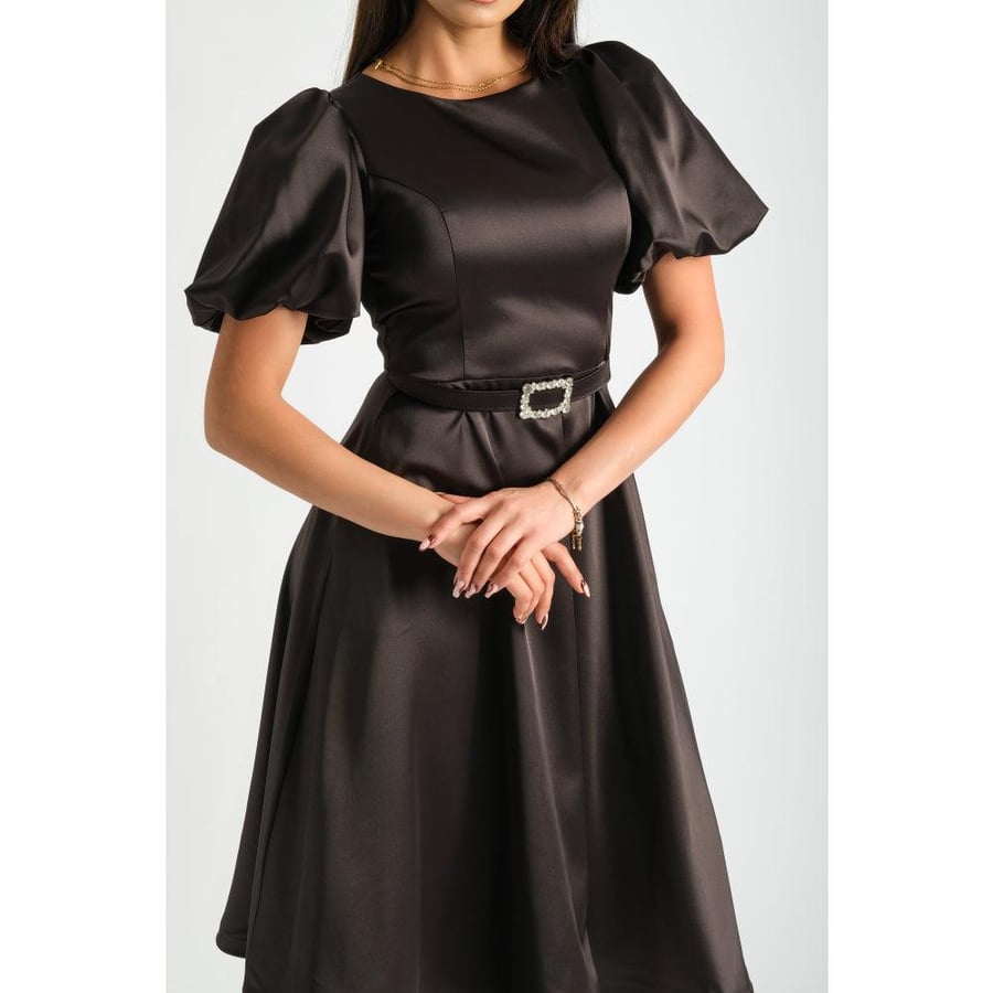 Londonella Women's Short Party Dress with Puff-Shoulders & Elegant Waist Belt- Black - 100224