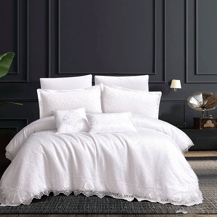 Pazar Home Alia Bridal Cotton Jacquard Comforter Set King Size 8 Pieces - White