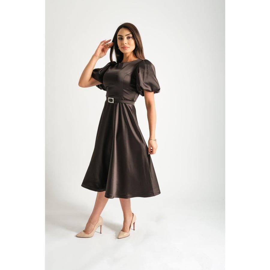 Londonella Women's Short Party Dress with Puff-Shoulders & Elegant Waist Belt- Black - 100224