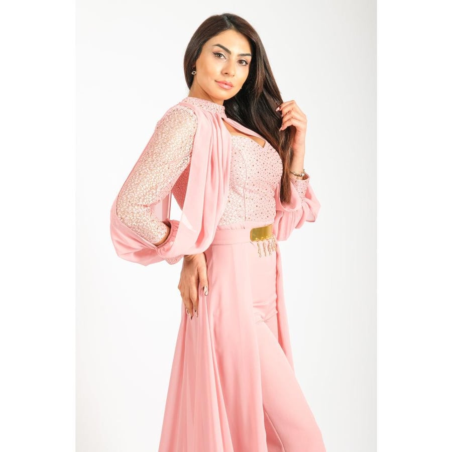 Londonella Women's Long Split Sleeve Wide Leg Jumpsuit with High Waisted Belt - 100254