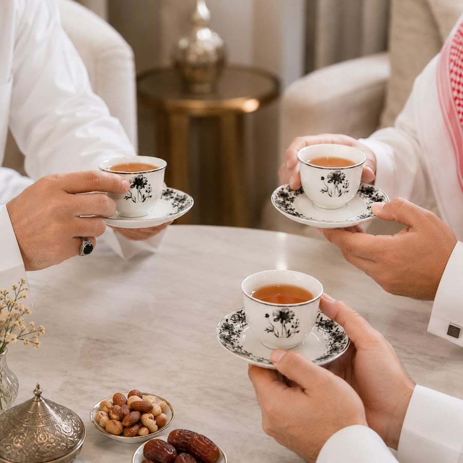 نطقم كاسات شاي وفناجين قهوة فاخر 36 قطعة – تصميم زهري أسود أنيق
