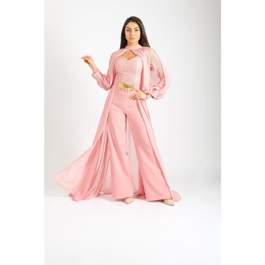 Londonella Women's Long Split Sleeve Wide Leg Jumpsuit with High Waisted Belt - 100254