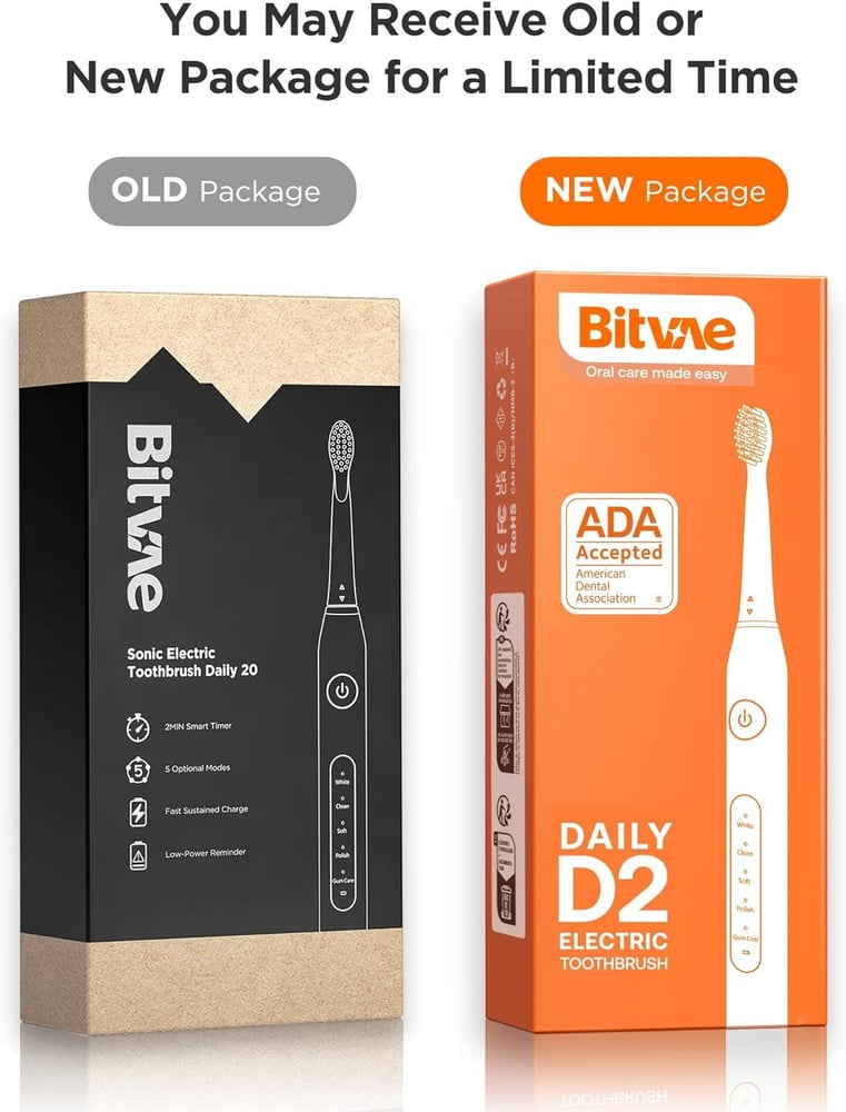 Bitvae D2 Ultrasonic Electric Toothbrush for Adults and Kids with 8 Brush Heads, ADA Accepted Power Rechargeable Toothbrush with 5 Modes, Smart Timer
