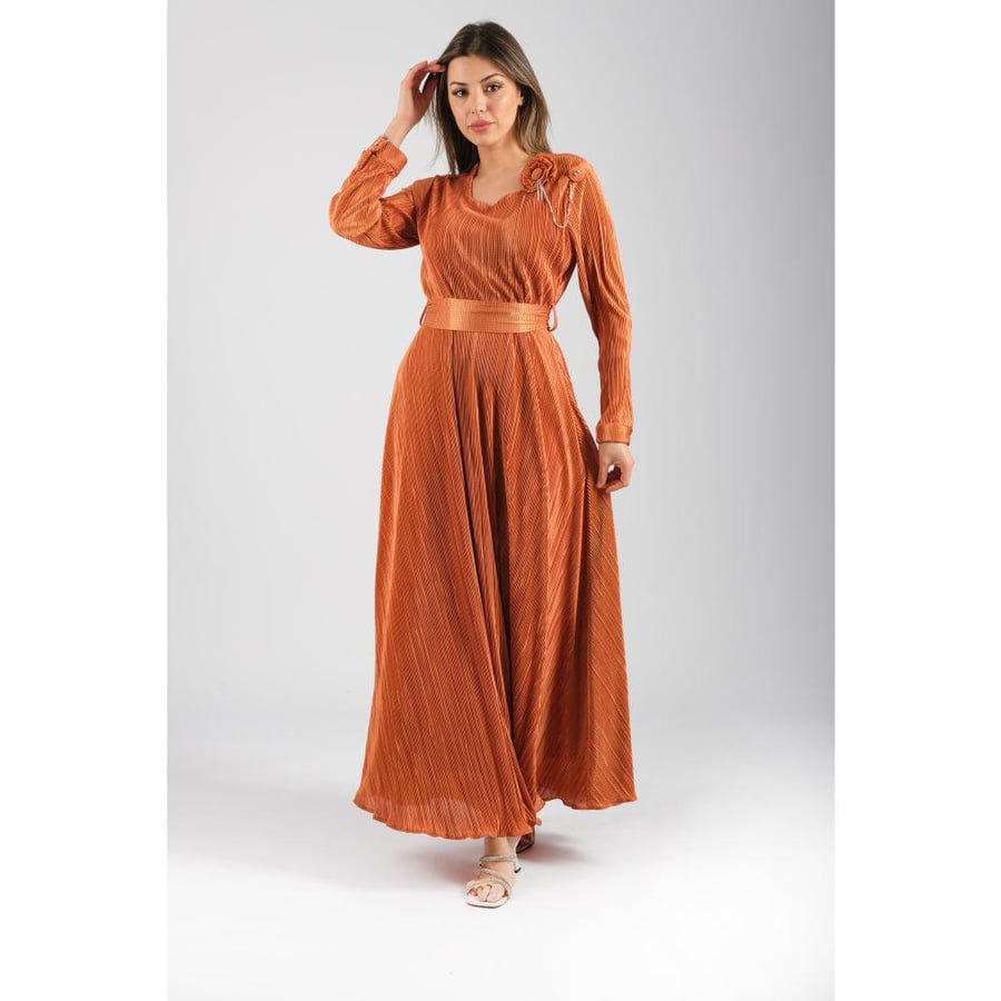 Londonella Women's Long Evening Dress with Long Sleeves & Waist Belt - Orange - 100283