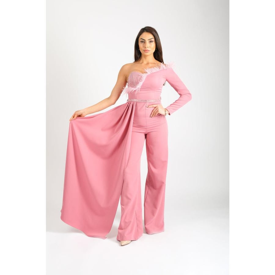 Londonella Women's Off Shoulder Wide Leg Jumpsuit with High Waisted Belt - Pink - 100260