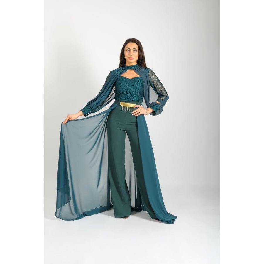 Londonella Women's Long Split Sleeve Wide Leg Jumpsuit with High Waisted Belt - 100254