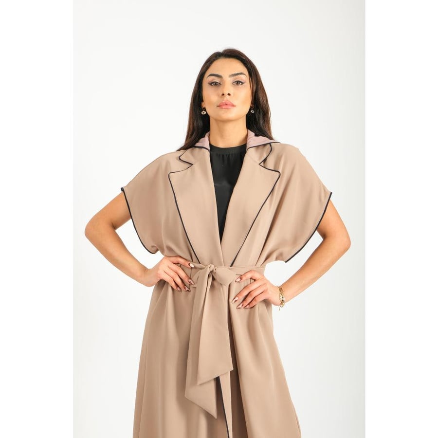 Londonella Women's long Abaya With Short Wide Sleeves & Waist Belt - Camel - 100242