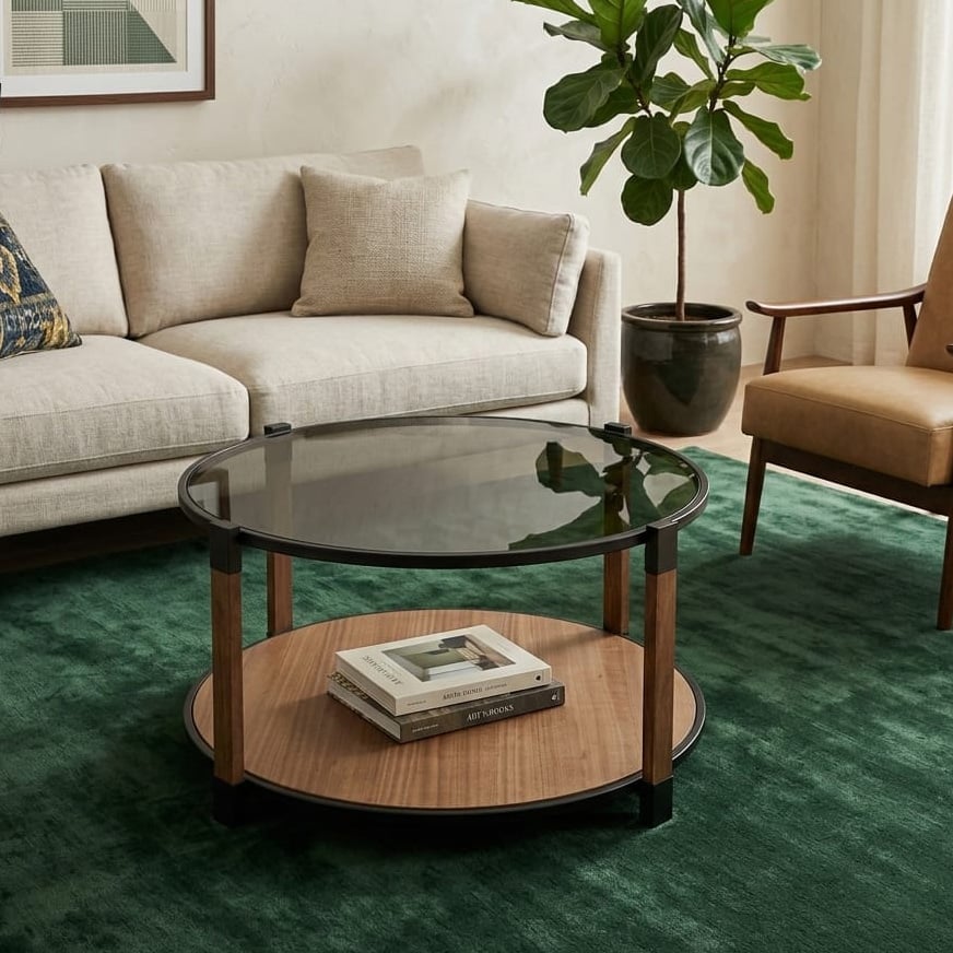 Modern tea table with wooden and glass touches