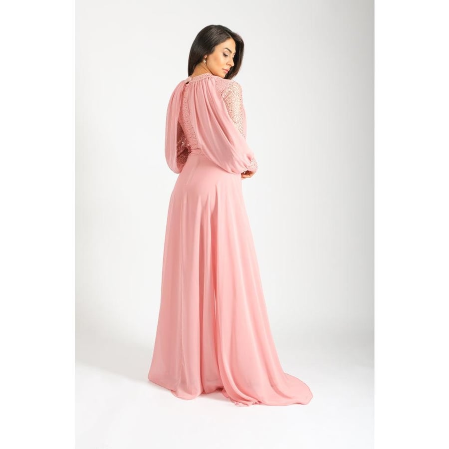Londonella Women's Long Split Sleeve Wide Leg Jumpsuit with High Waisted Belt - 100254