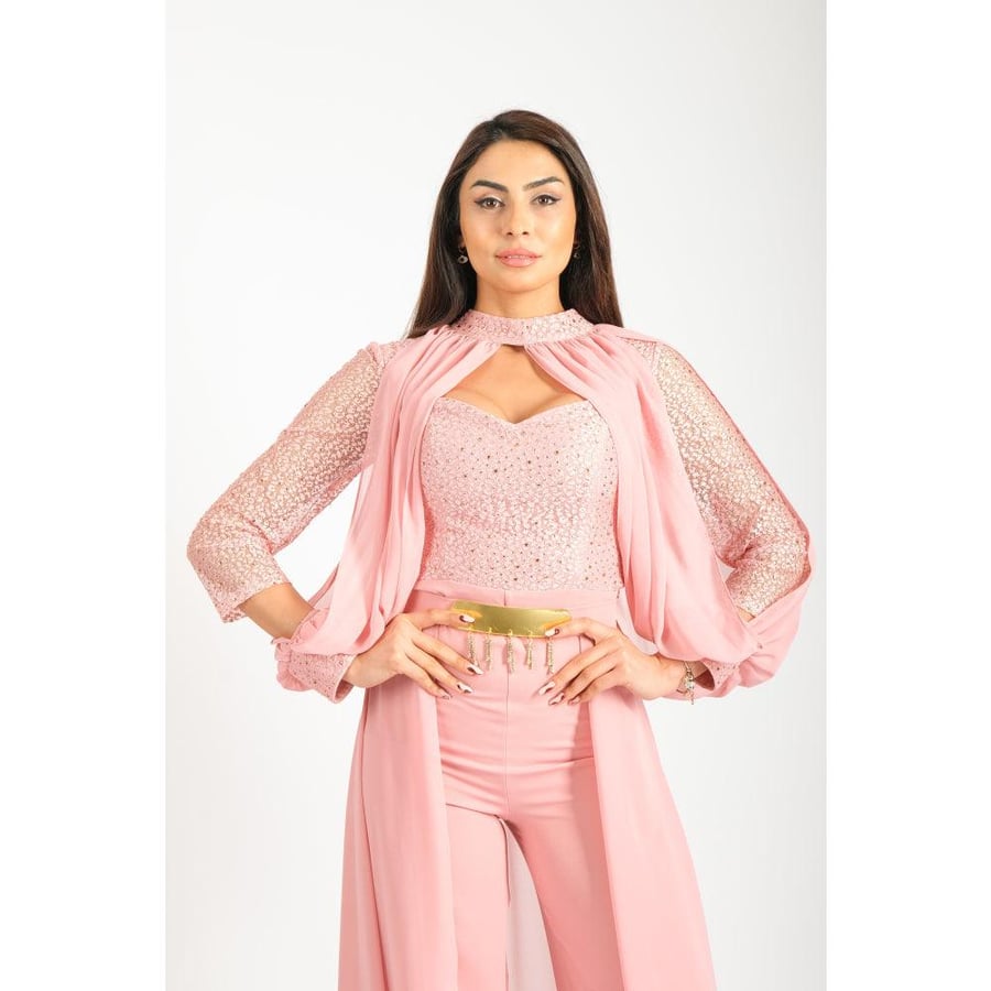 Londonella Women's Long Split Sleeve Wide Leg Jumpsuit with High Waisted Belt - 100254