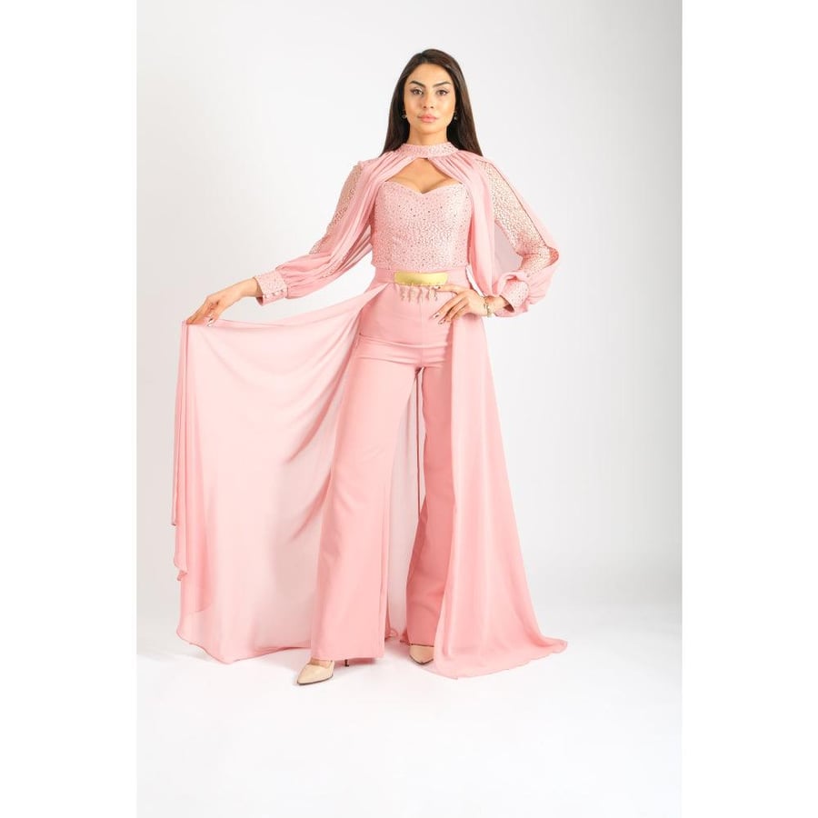 Londonella Women's Long Split Sleeve Wide Leg Jumpsuit with High Waisted Belt - 100254