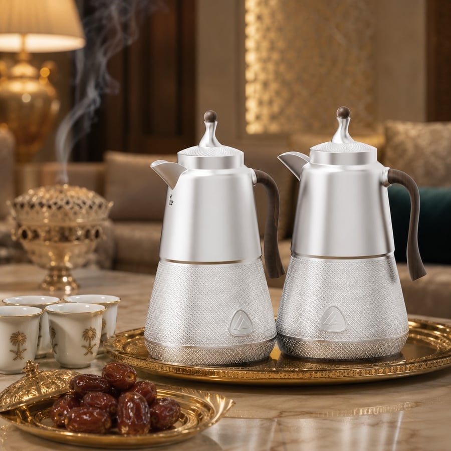 طقم ترامس فاخر باللون الأبيض بتصميم عصري أنيق ولمسات خشبية راقية 1.0