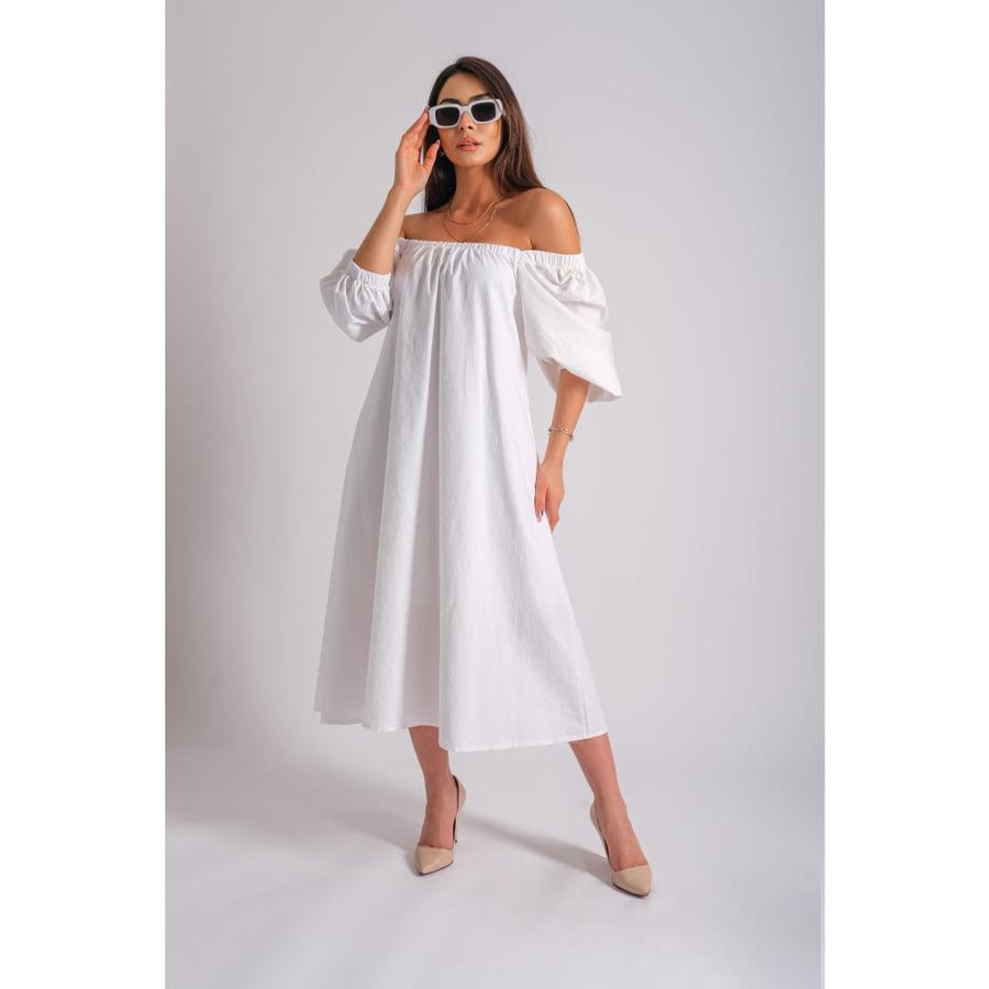 Londonella Women's half Lantern Sleeves Off-shoulder style Long Dress - White - 100199