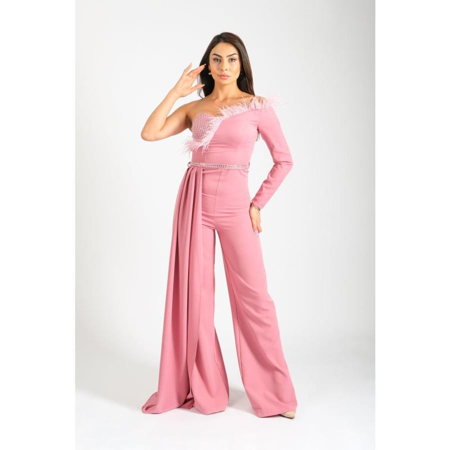 Londonella Women's Off Shoulder Wide Leg Jumpsuit with High Waisted Belt - Pink - 100260