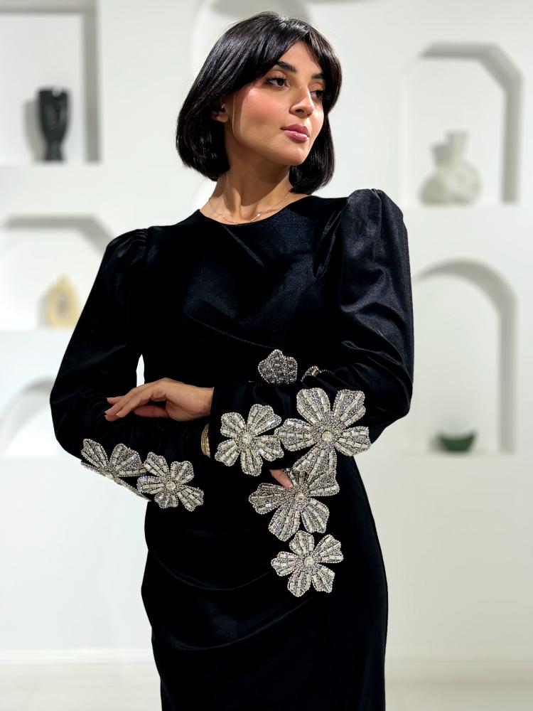 Black velvet evening dress with luxurious silver embroidery
