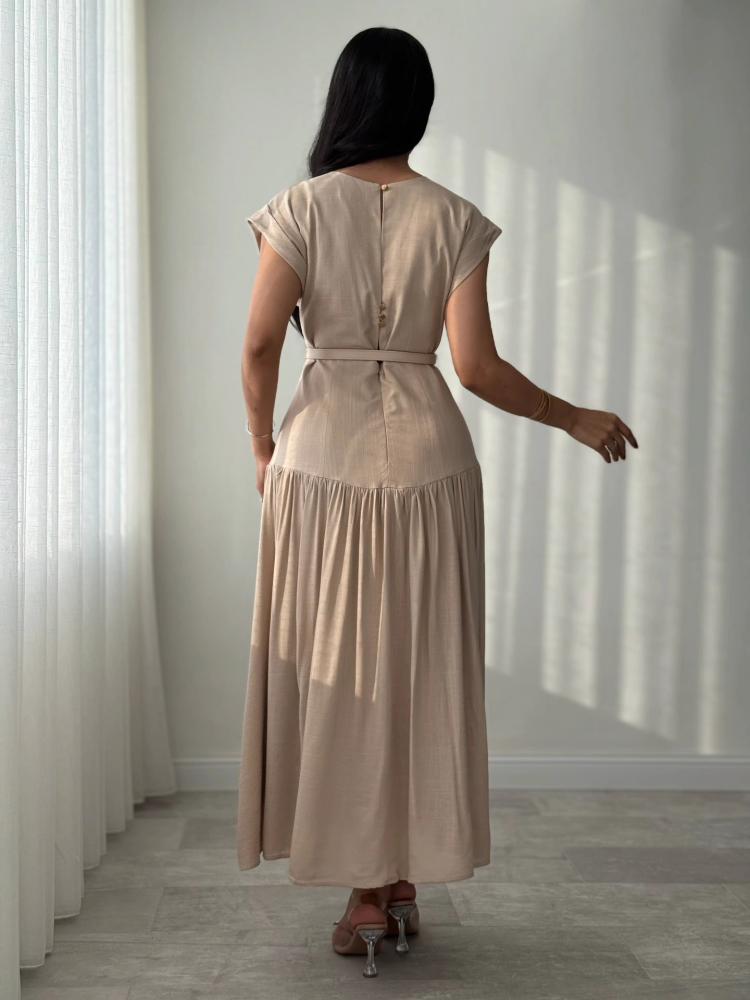 Soft linen dress with embroidery on the chest and a belt