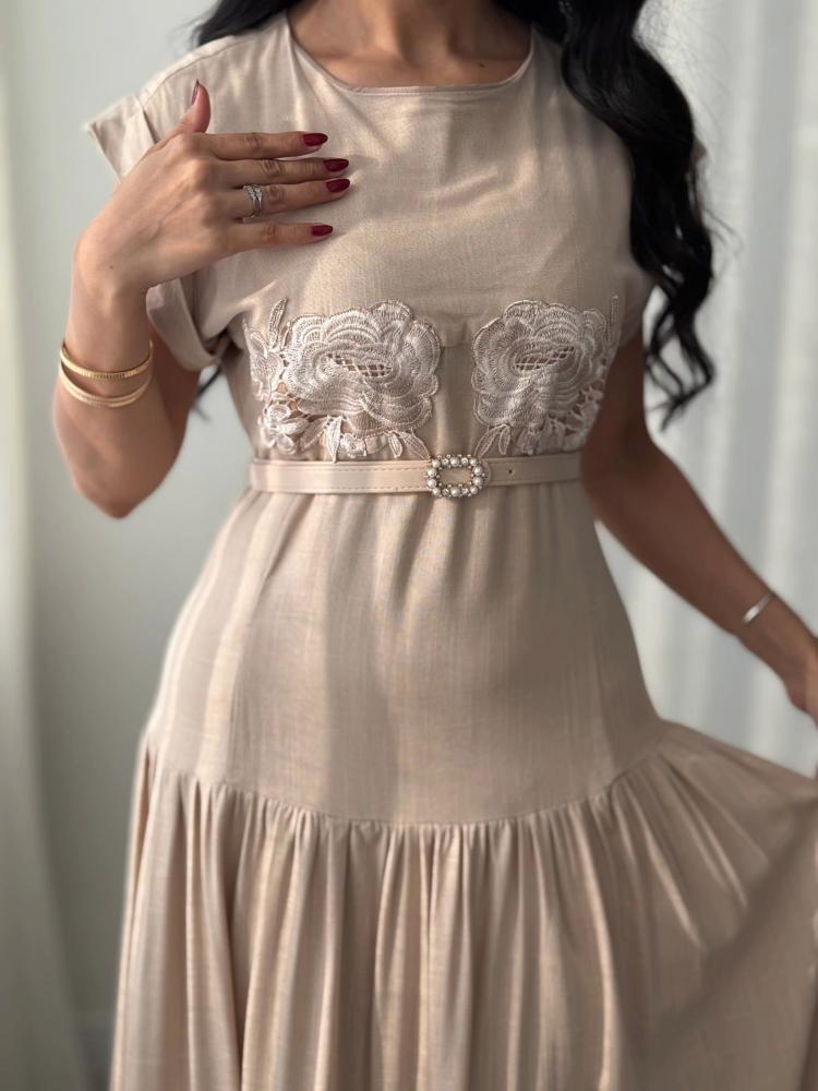Soft linen dress with embroidery on the chest and a belt