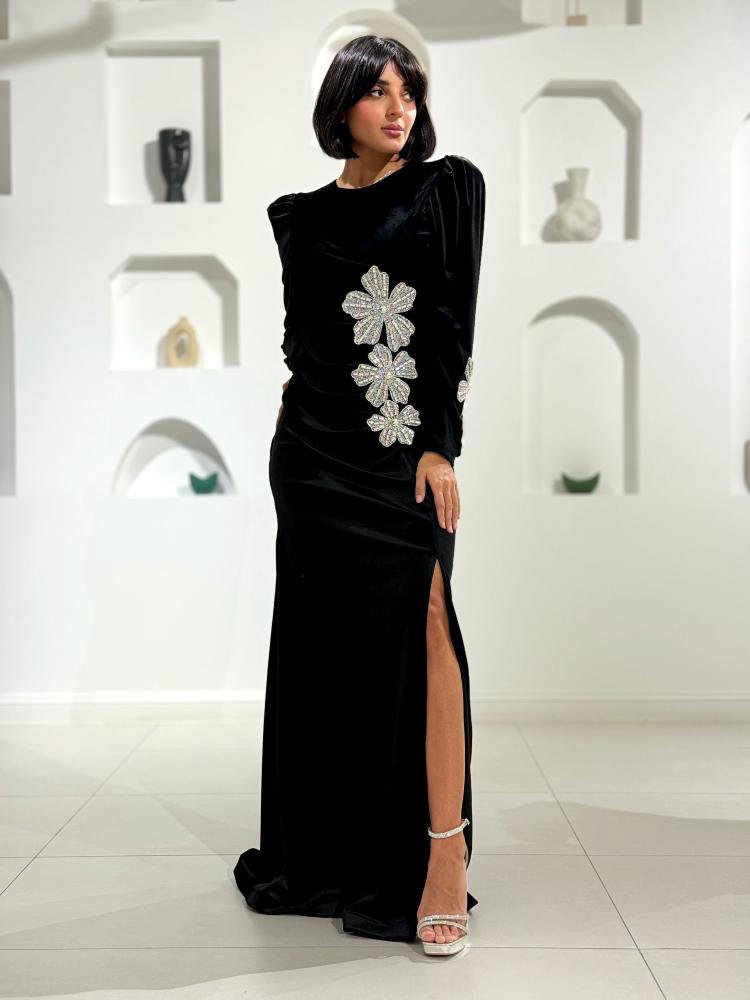 Black velvet evening dress with luxurious silver embroidery