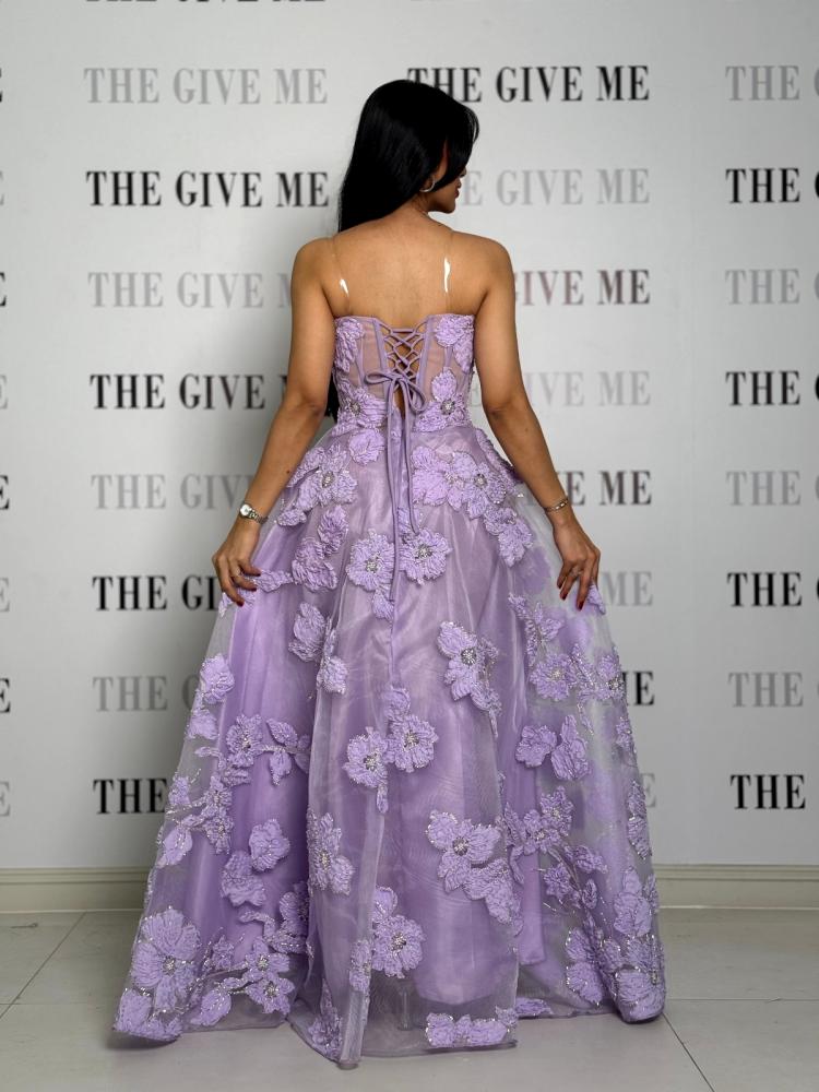Lavender dress decorated with embroidery with a corset style