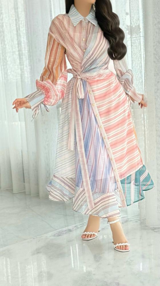 A shirt-style dress made of pastel-colored striped fabric