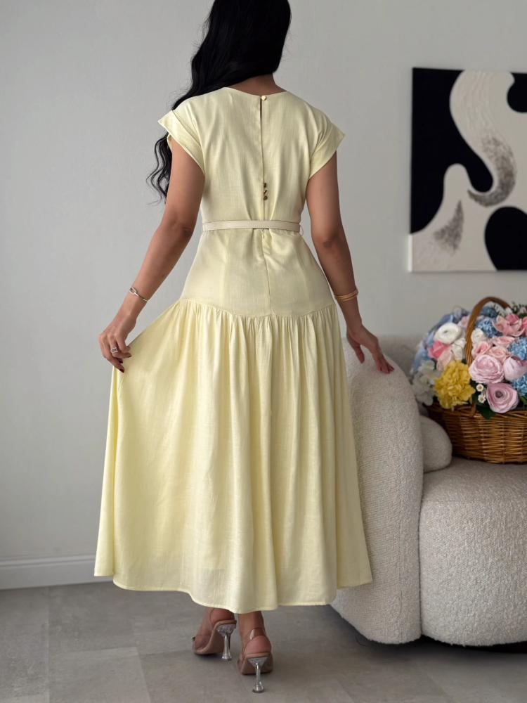 Soft linen dress with embroidery on the chest and a belt