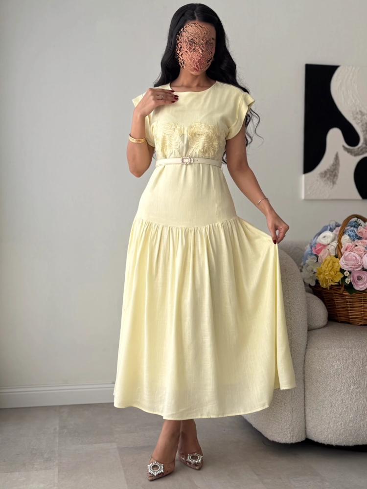 Soft linen dress with embroidery on the chest and a belt