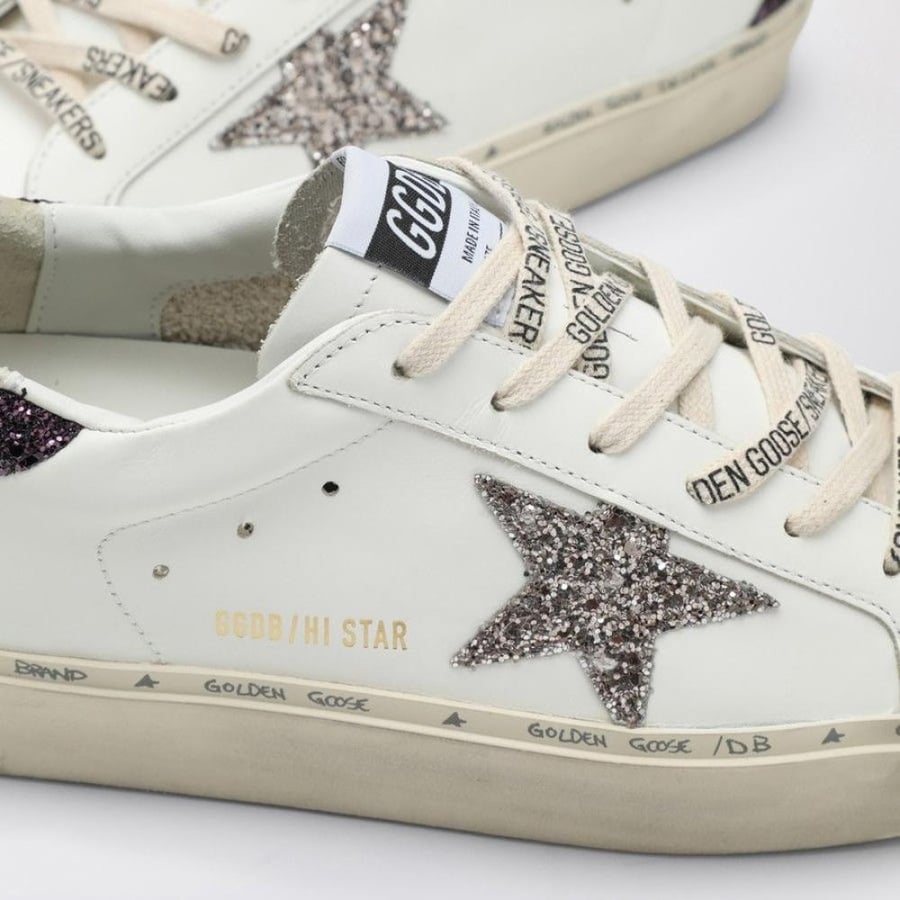 Golden Goose White Hi Star sneaker with purple/silver glitter