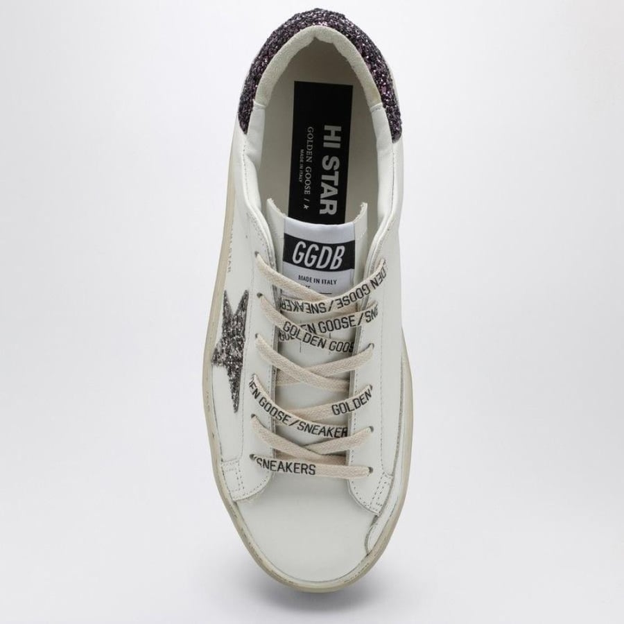 Golden Goose White Hi Star sneaker with purple/silver glitter