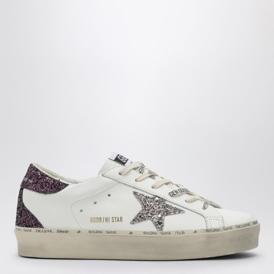 Golden Goose White Hi Star sneaker with purple/silver glitter