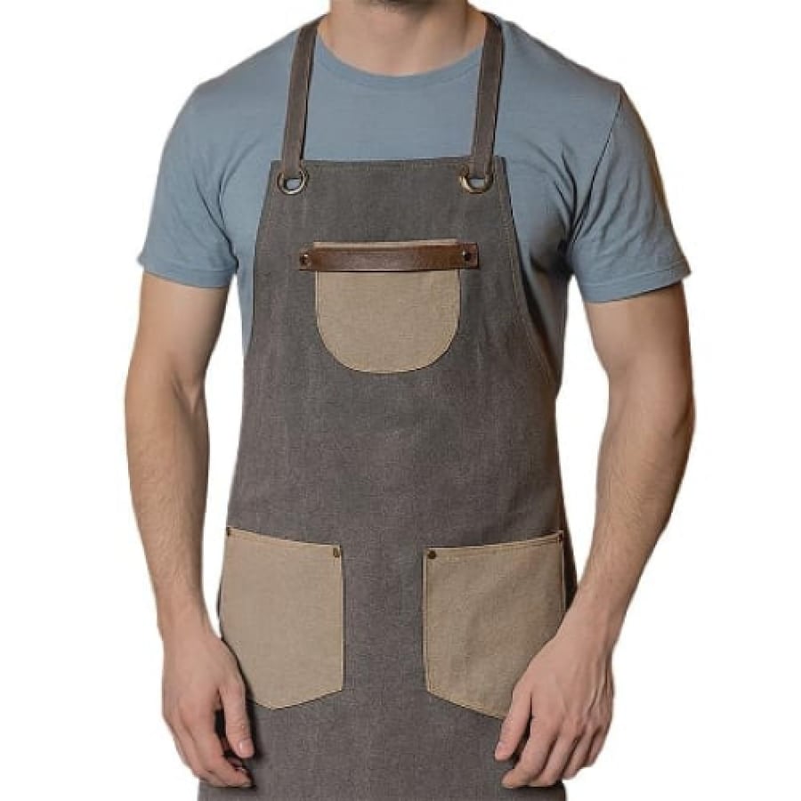 مريلة ChefBrand رمادي بجيوب بنية 3 جيوب.