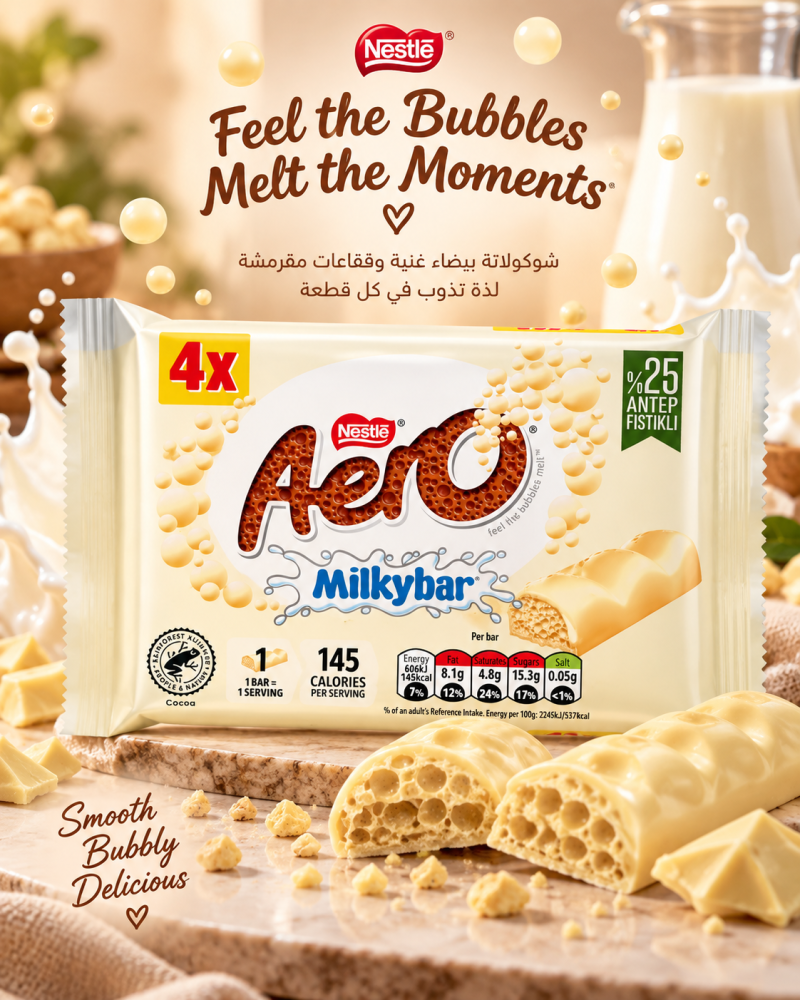 شوكولاتة ايرو ميلكي بار البيضاء الهوائية - عبوة 4 اصابع Nestle Aero Milkybar