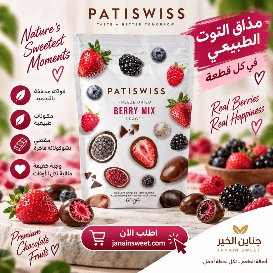 شوكولاتة باتي سويس فواكه مجففة Berry Mix من Patiswiss – مكس توت مغطى شوكولاتة 60 جم