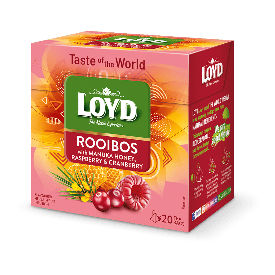 شاي لويد رويبوس بعسل المانوكا والتوت الأحمر والتوت البري – LOYD Rooibos with Manuka Honey, Raspberry & Cranberry 20 Tea Bags