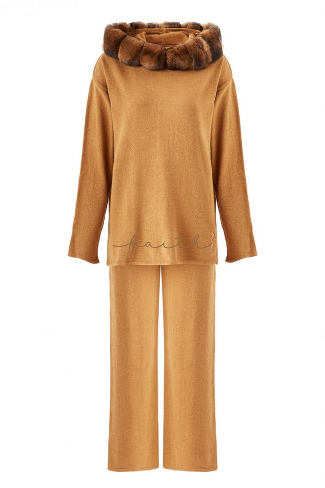 KIDS MUSTARD CHINCHILLA AROUND HOODIE KNITTED SET