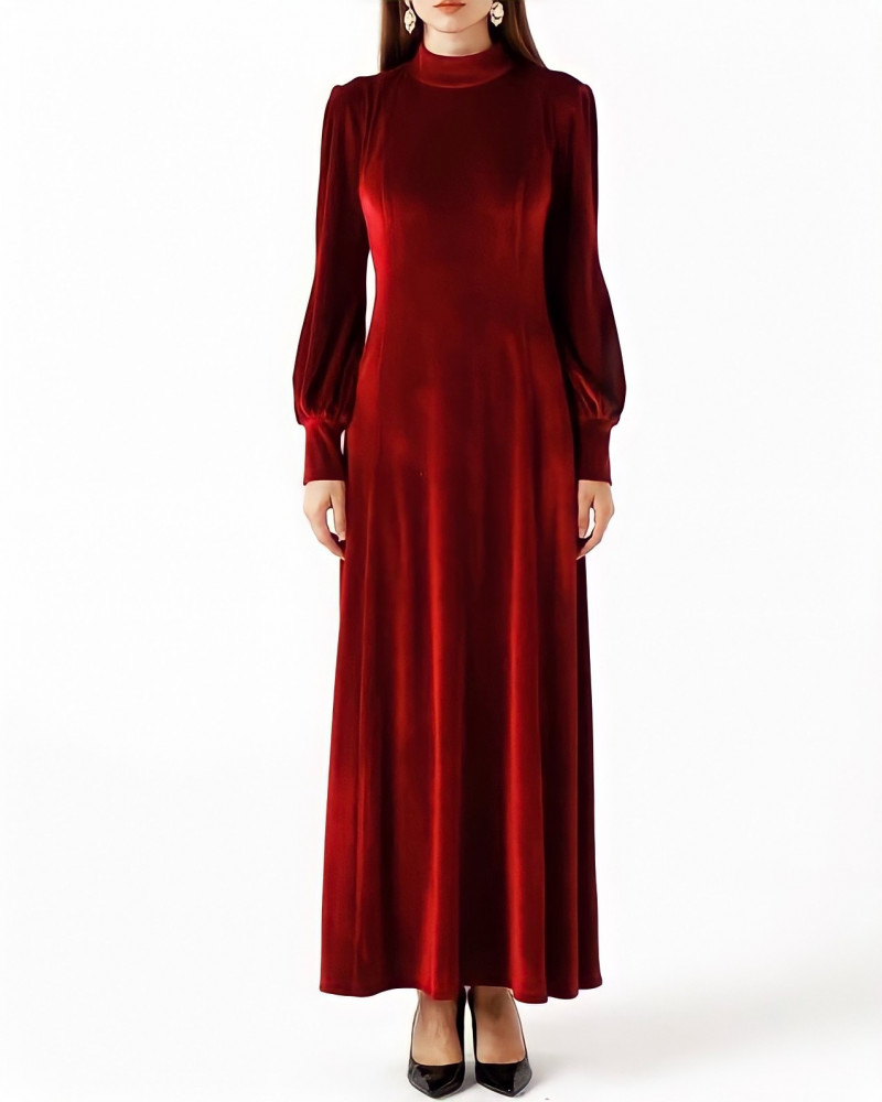 HIGHNECK TIGHT CUT VELVET DRESS - RED