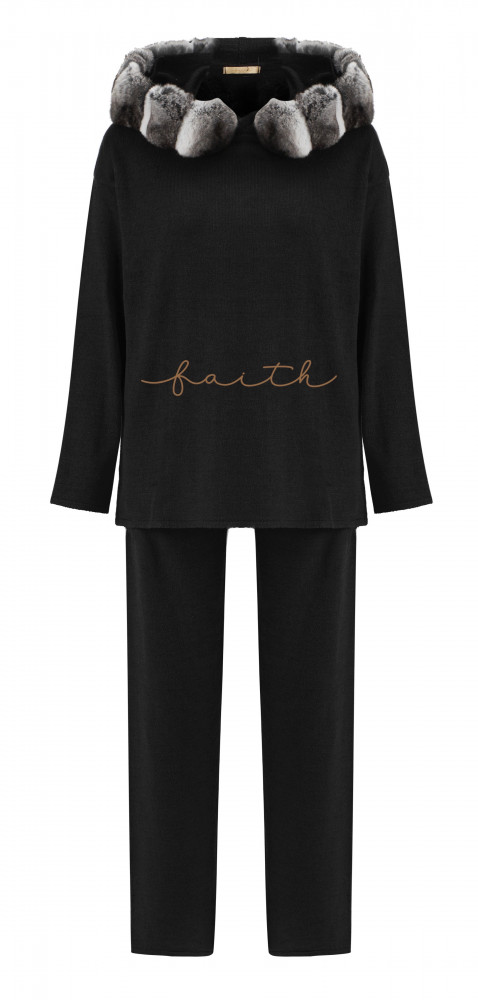 KIDS BLACK CHINCHILLA AROUND HOODIE KNITTED SET
